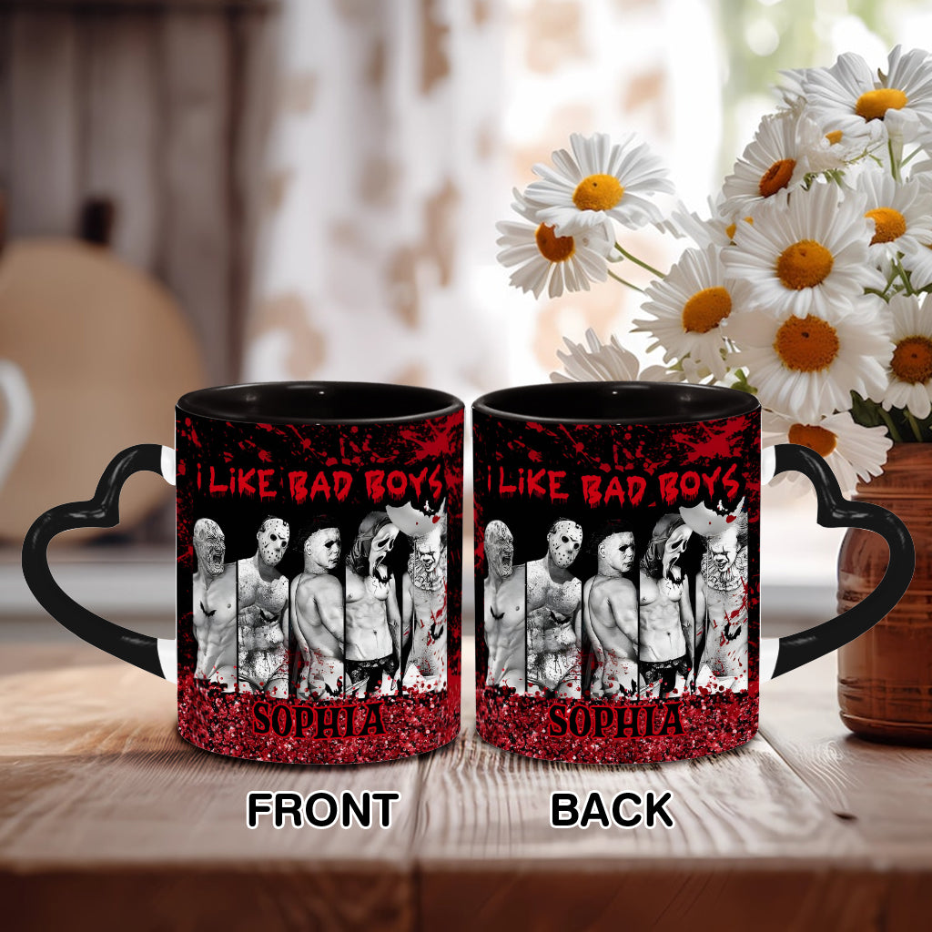 Personalized Heart Handle Mug with 'I Like Bad Boys' Design for Friends Heart Handle Mug GradoCreations
