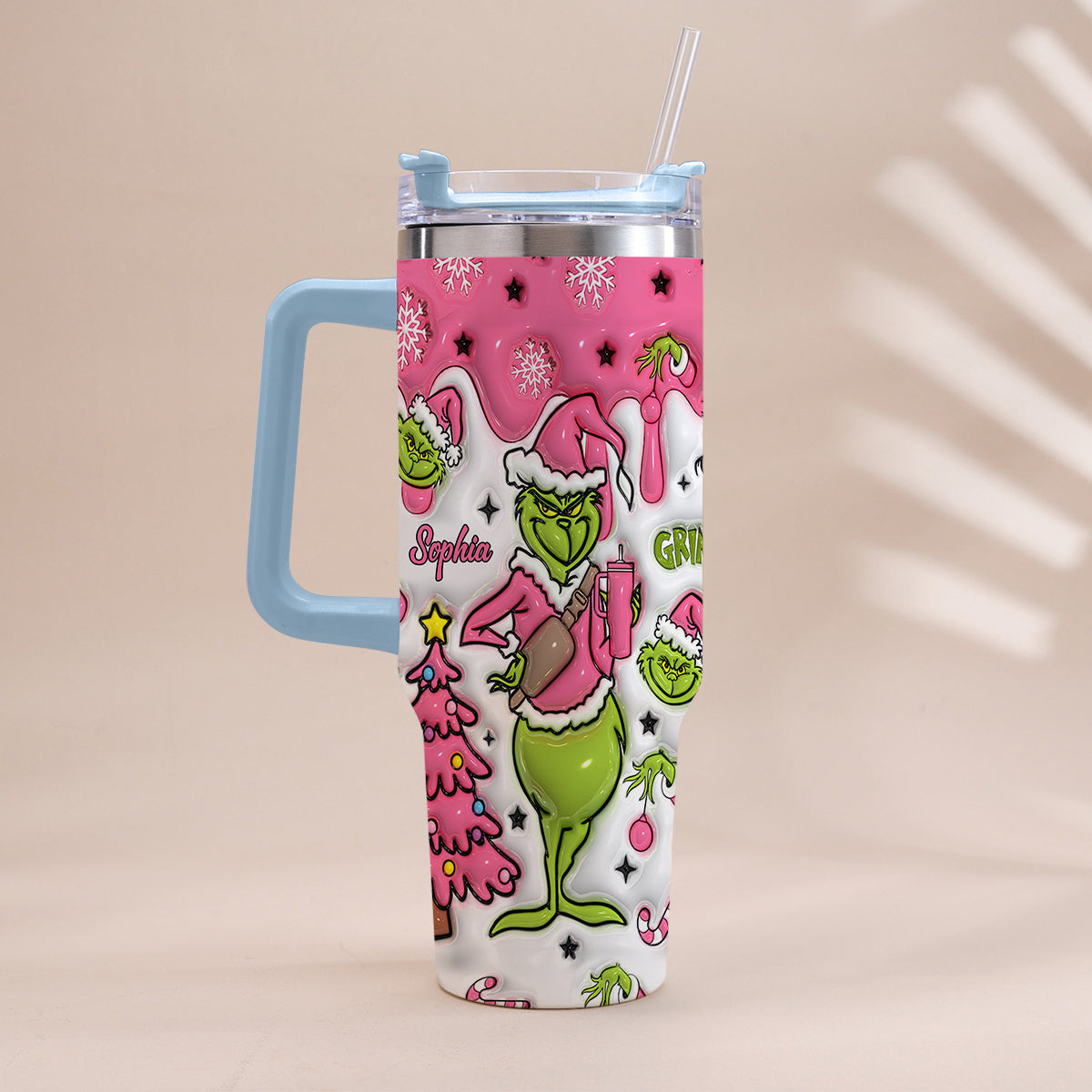 Personalized Grinch Christmas Tumbler with Handle Custom Name Gift Tumbler With Handle GradoCreations