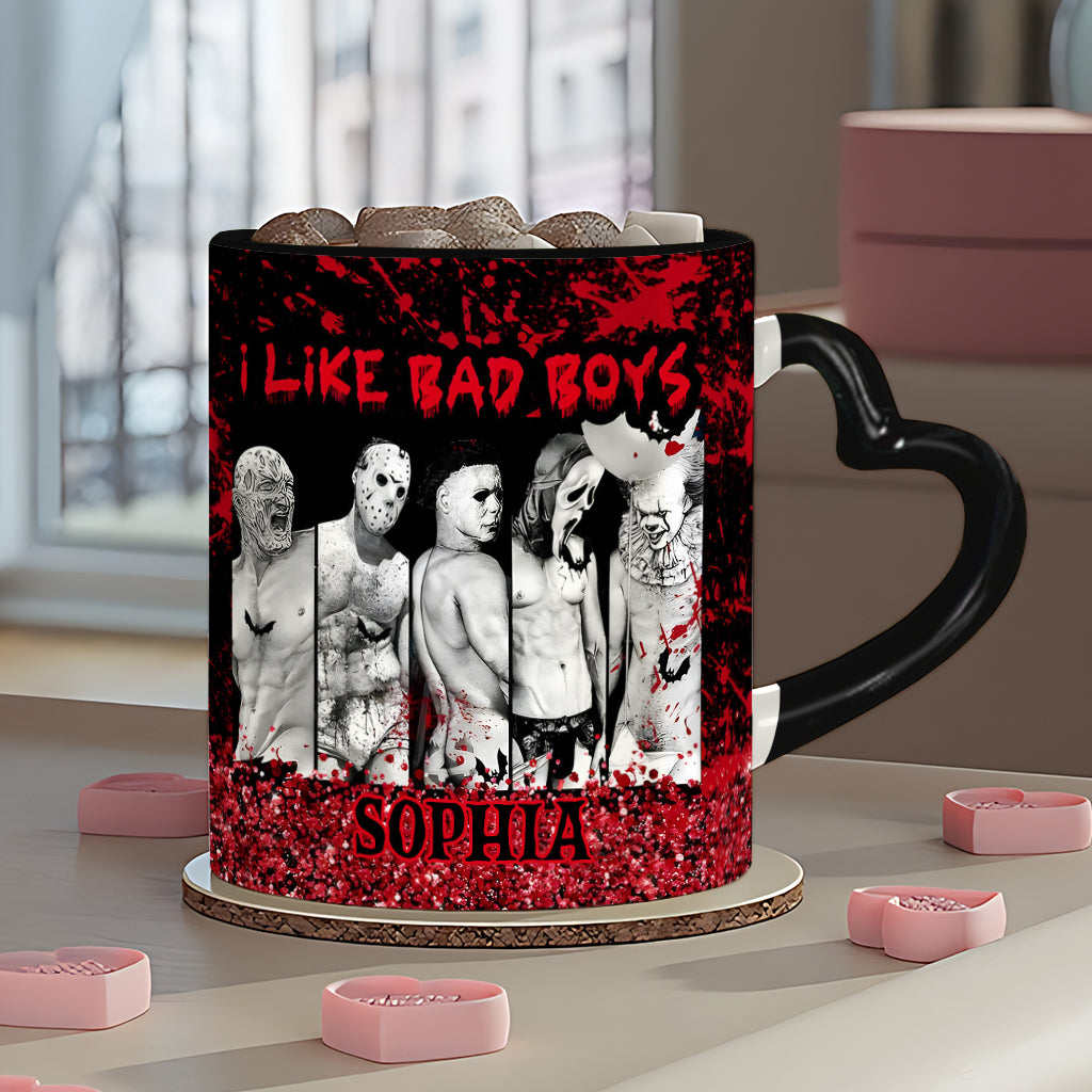 Personalized Heart Handle Mug with 'I Like Bad Boys' Design for Friends Heart Handle Mug GradoCreations