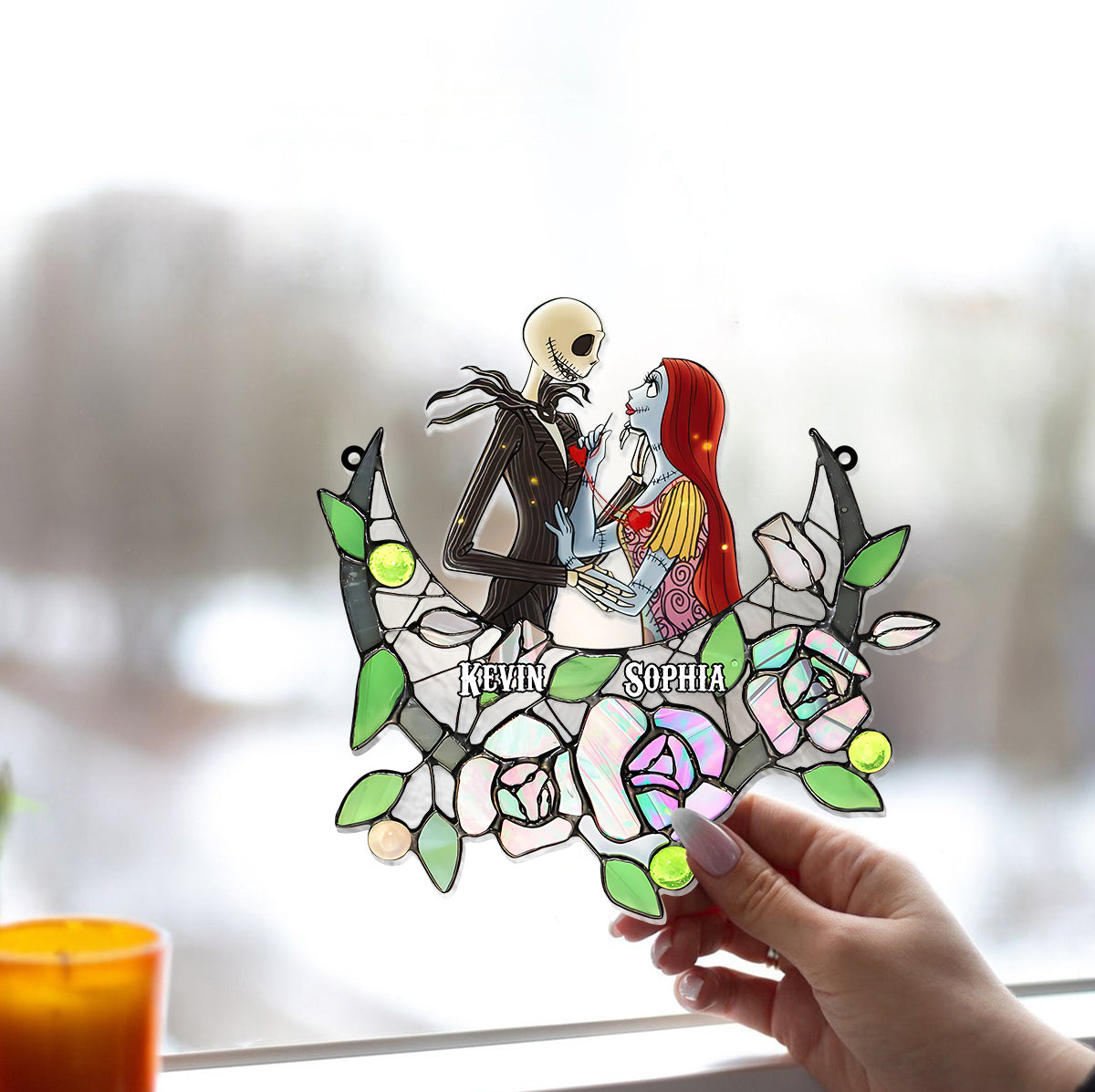 Personalized Nightmare Suncatcher Ornament with Roses for Home Decor Window Hanging Suncatcher Ornament GradoCreations