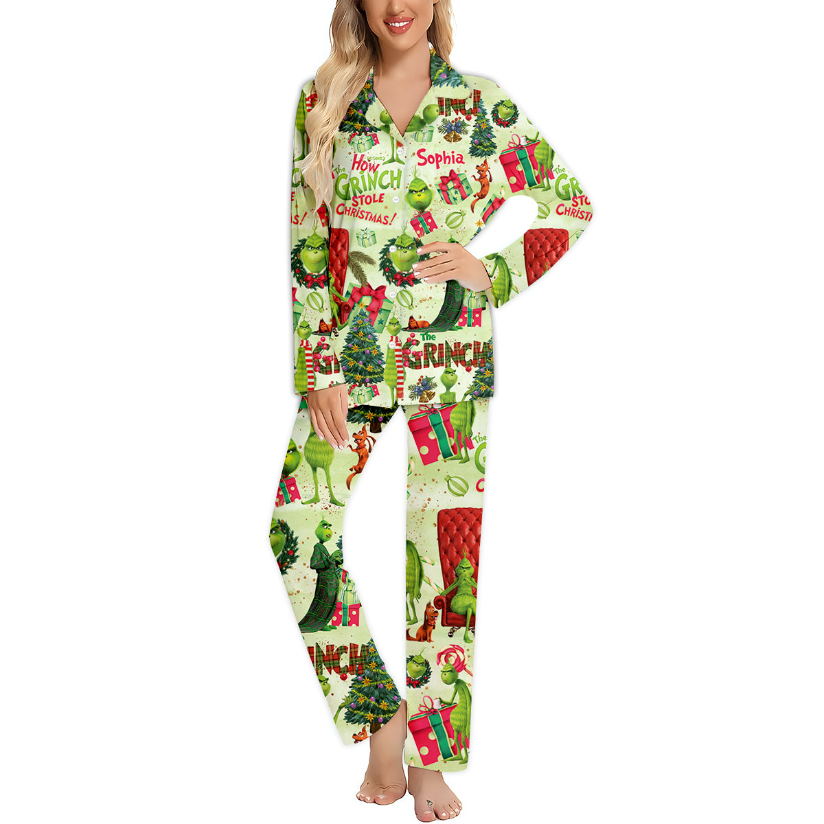 Personalized Grinch Christmas Button Down Pajamas for Couples Button Down Pajamas GradoCreations