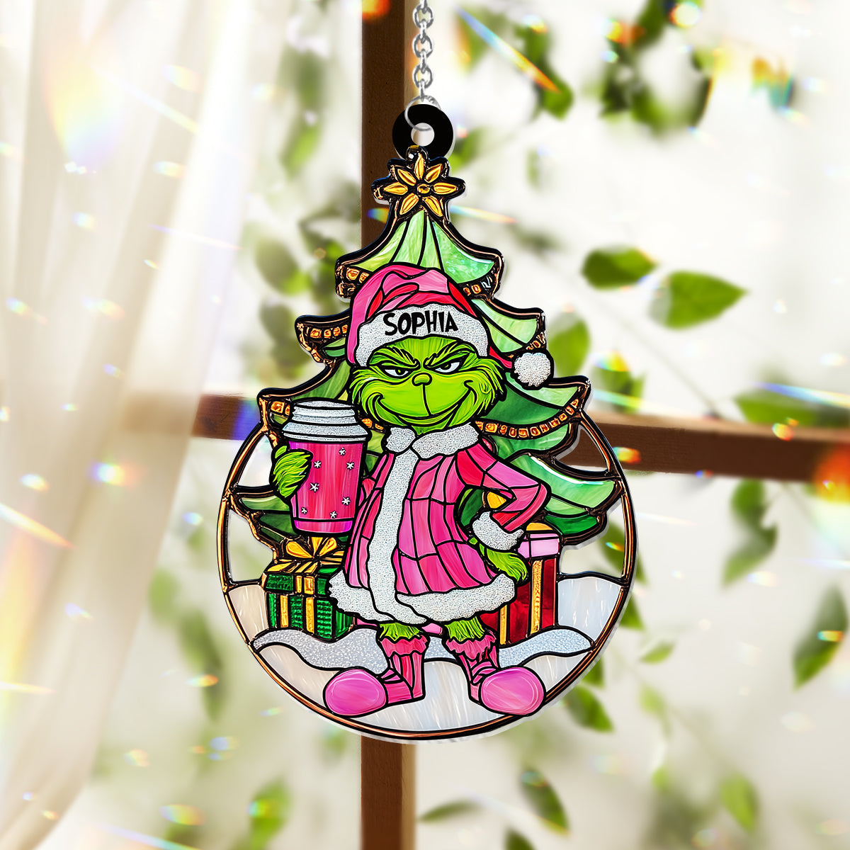 Personalized Grinchy Green Santa Suncatcher Ornament Gift Window Hanging Suncatcher Ornament GradoCreations