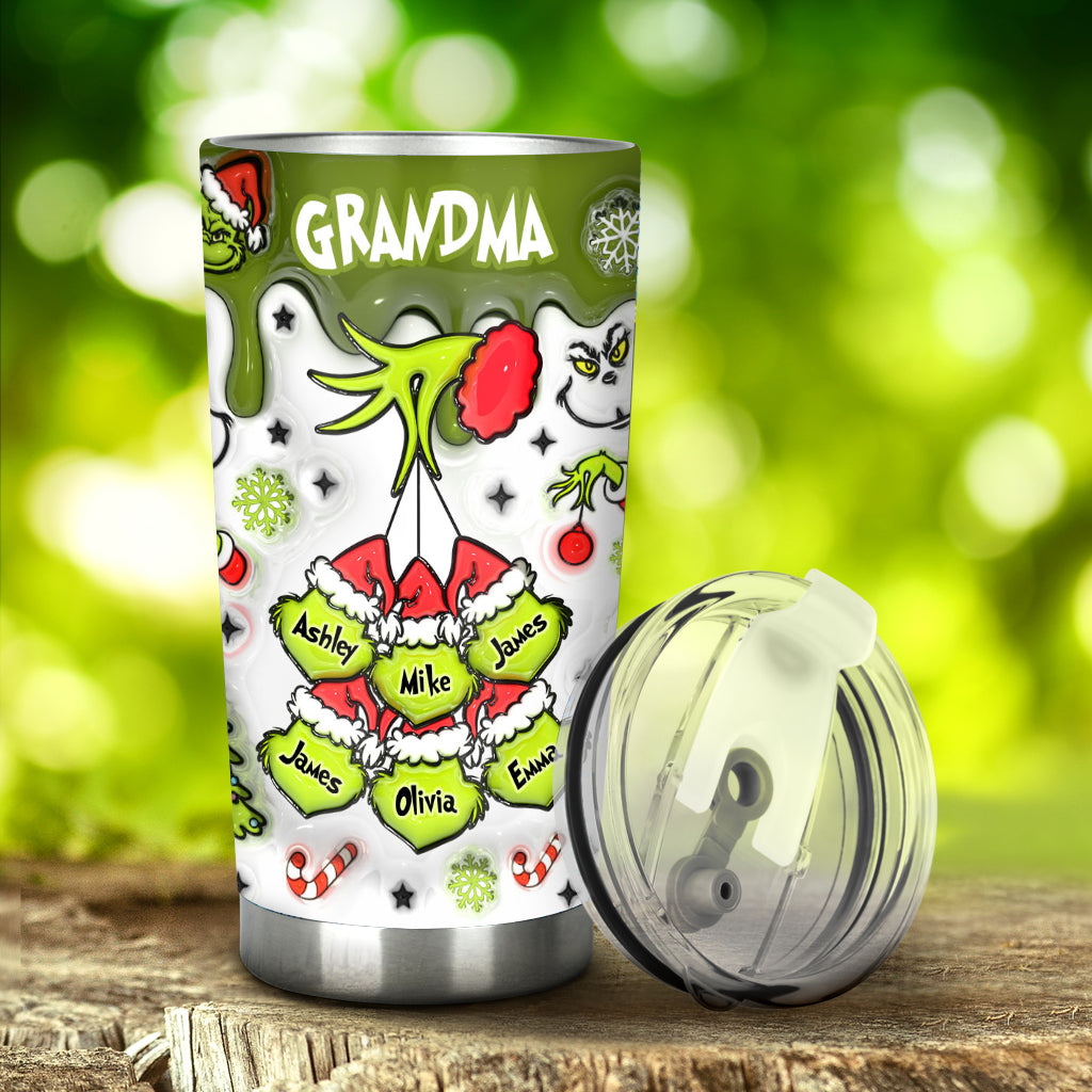 Personalized Christmas Tumbler with Green Snowflakes for Grandma Tumbler GradoCreations