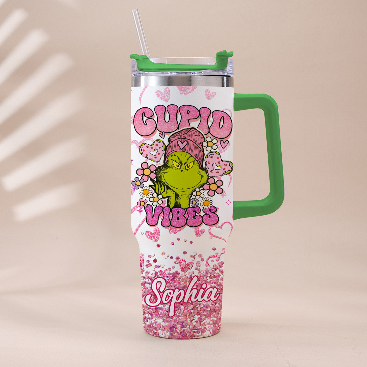 Personalized Cupid Vibes Tumbler with Handle for Christmas Gift Tumbler With Handle GradoCreations