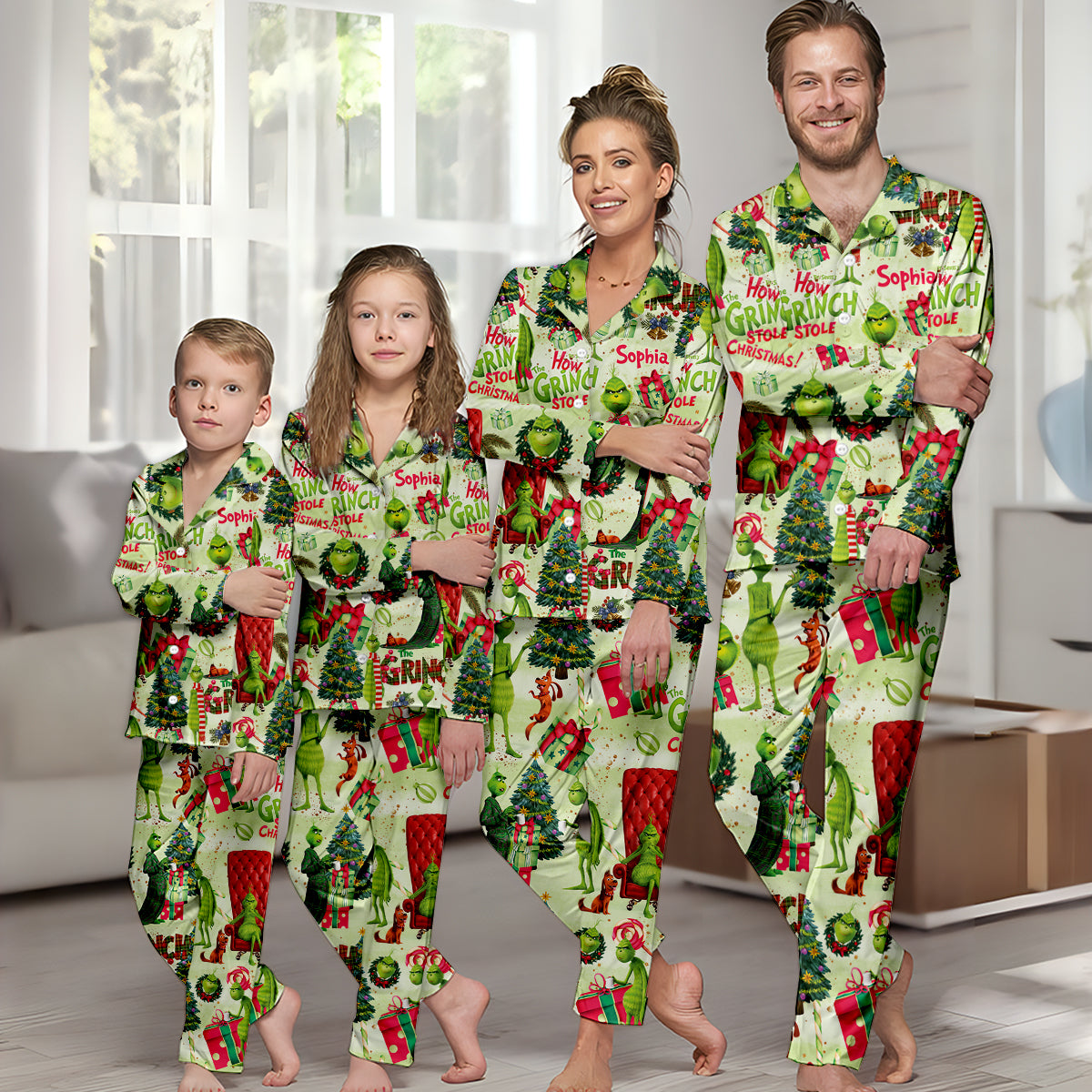 Personalized Grinch Christmas Button Down Pajamas for Couples Button Down Pajamas GradoCreations