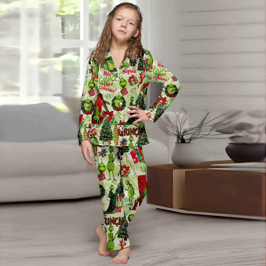 Personalized Grinch Christmas Button Down Pajamas for Couples Button Down Pajamas GradoCreations