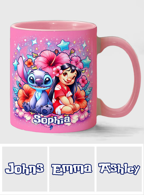 Personalized Pink Accent Mug with Ohana Bubble Flowers Design Accent Mug GradoCreations