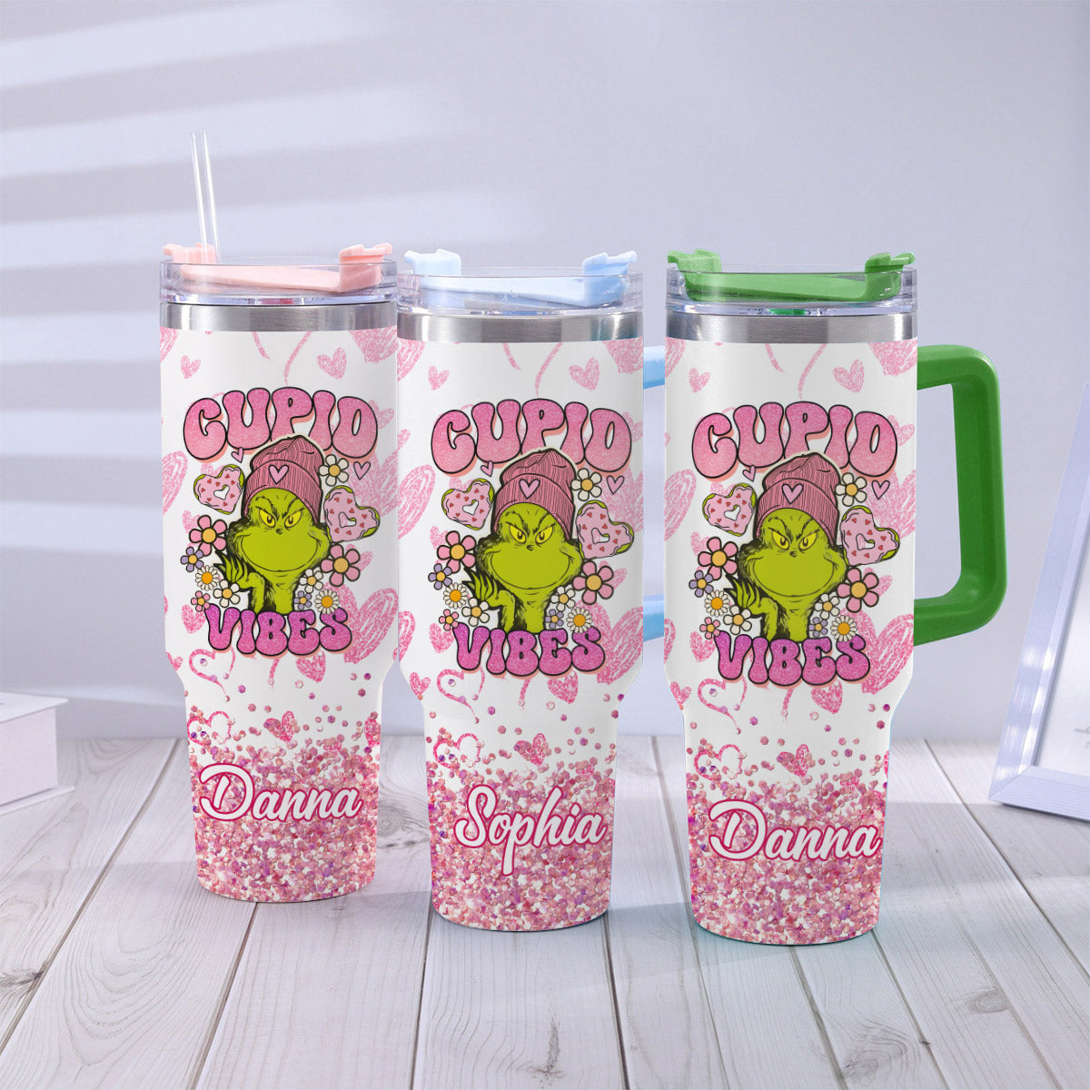 Personalized Cupid Vibes Tumbler with Handle for Christmas Gift Tumbler With Handle GradoCreations