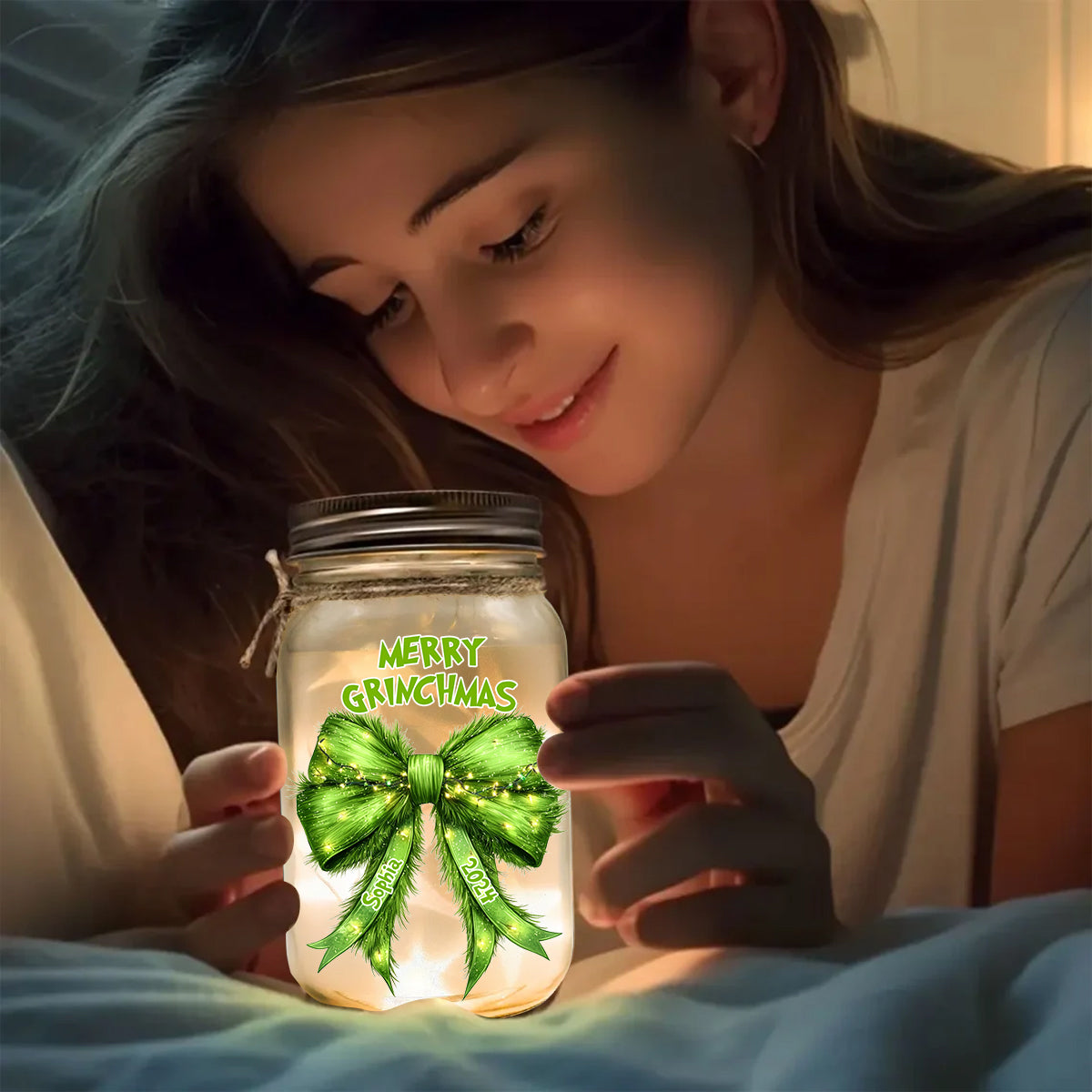 Personalized Grinchy Mason Jar Light Christmas Decor Gift Mason Jar Light GradoCreations