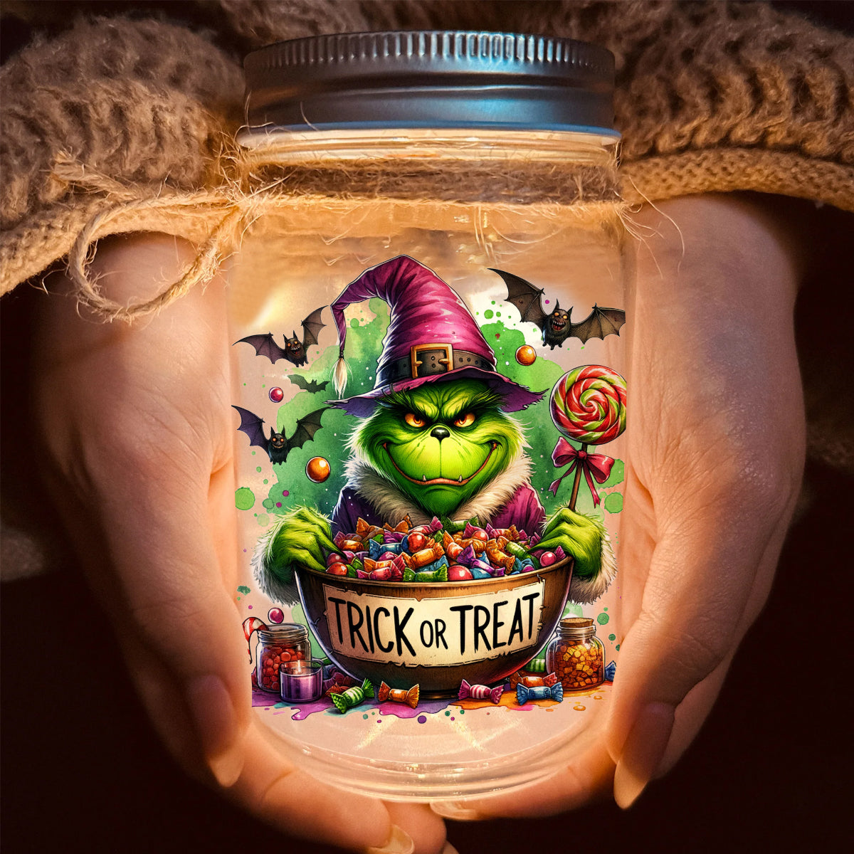 Personalized Grinchy Mason Jar Light Christmas Decor Gift Mason Jar Light GradoCreations