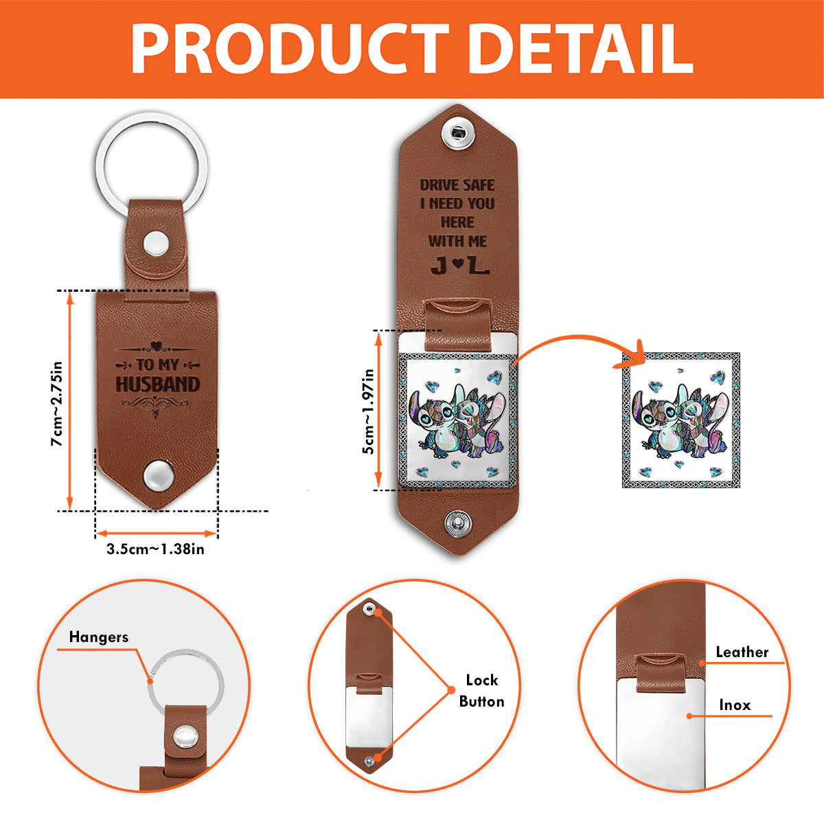 Personalized Ohana Leather Photo Keychain Gift for Couple Leather Photo Keychain GradoCreations
