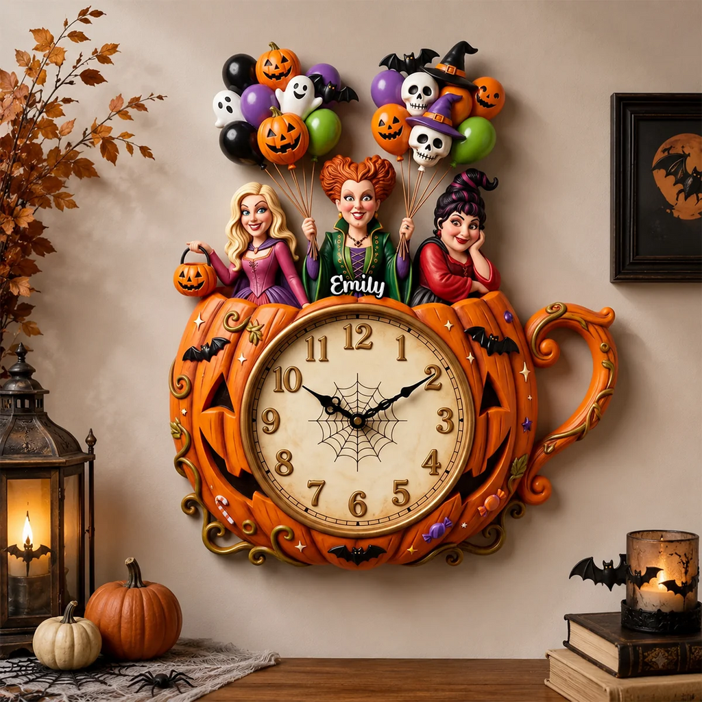Personalized Halloween Witch Pumpkin Wall Clock Gift for Her Wall Hanging Clock GradoCreations