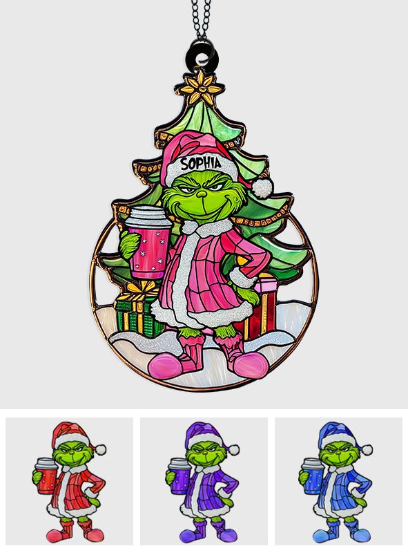 Personalized Grinchy Green Santa Suncatcher Ornament Gift Window Hanging Suncatcher Ornament GradoCreations
