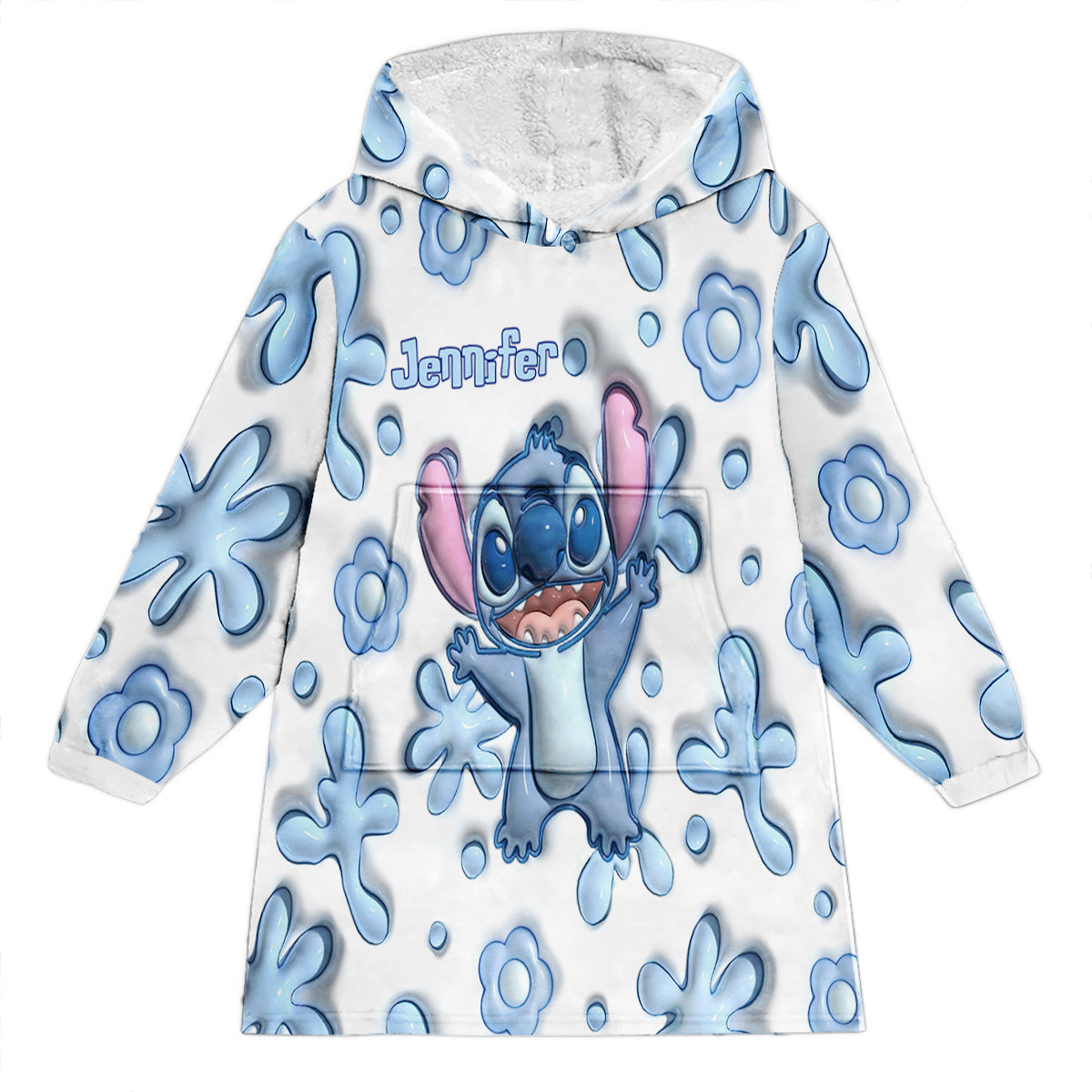 Personalized Blanket Hoodie with Custom Name and Stitch Design Blanket Hoodie GradoCreations