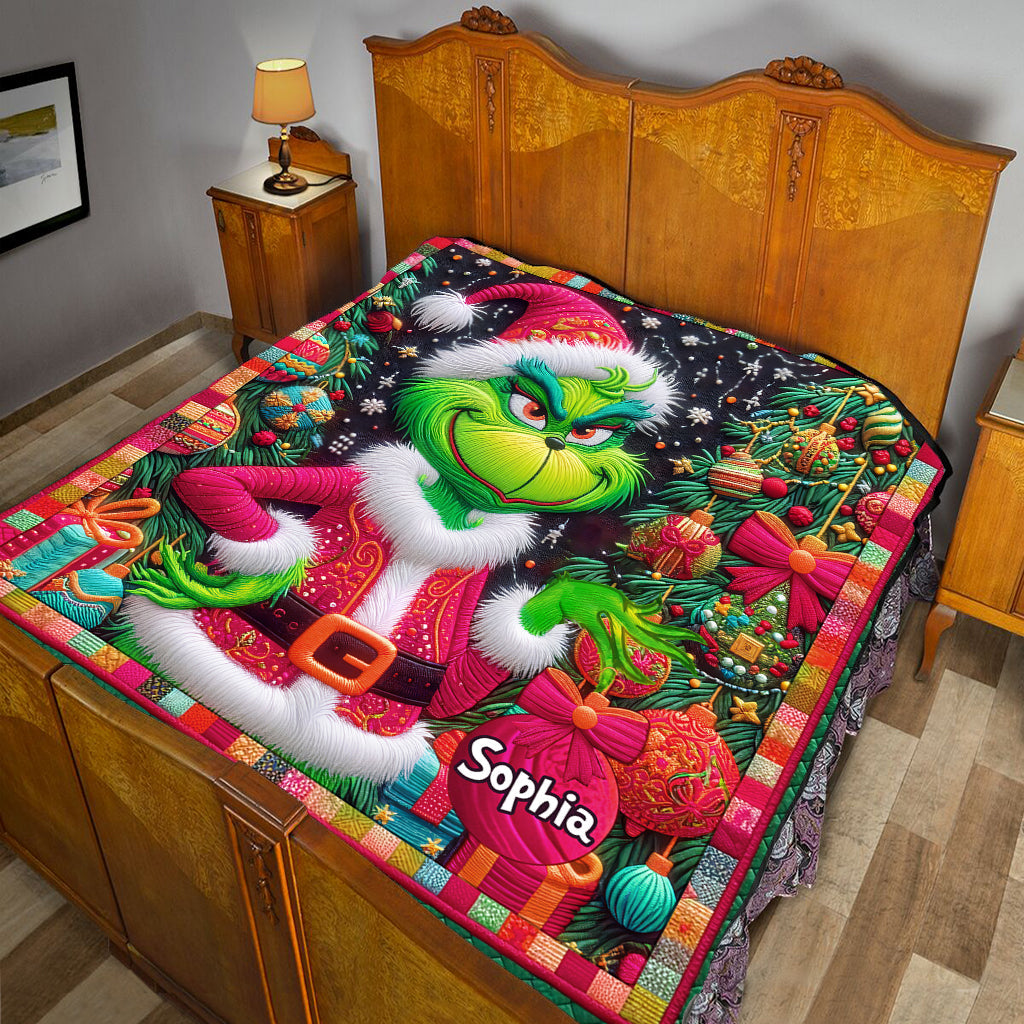 Personalized Grinch Christmas Quilt Custom Name Holiday Gift Quilt GradoCreations