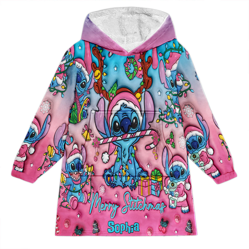 Personalized Merry Stitchmas Blanket Hoodie for Kids | Christmas Gift Blanket Hoodie GradoCreations