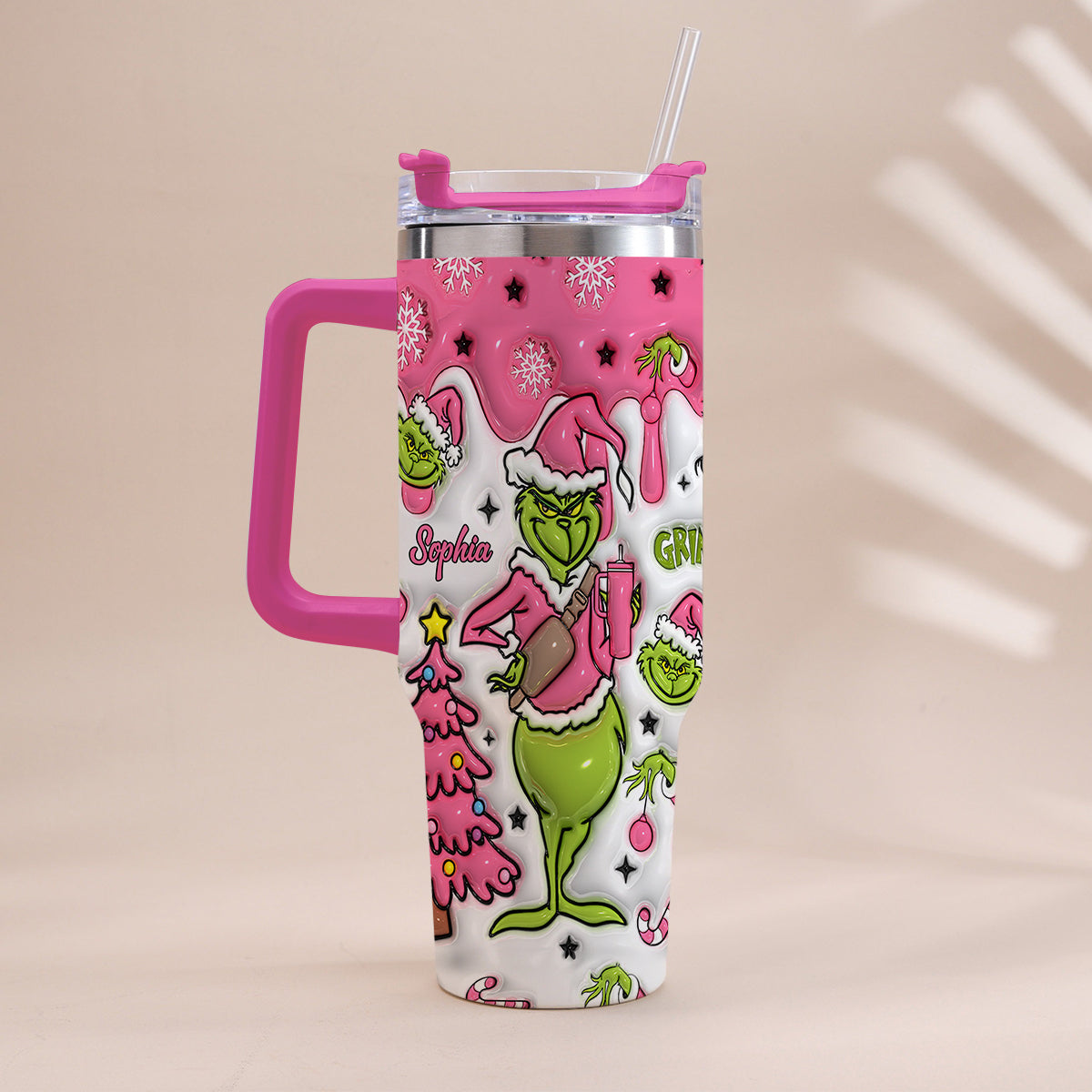 Personalized Grinch Christmas Tumbler with Handle Custom Name Gift Tumbler With Handle GradoCreations