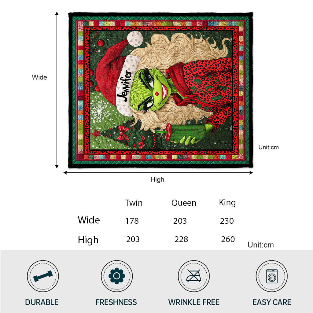 Personalized Christmas Quilt with Green Lady Design for Unique Gifts Quilt GradoCreations