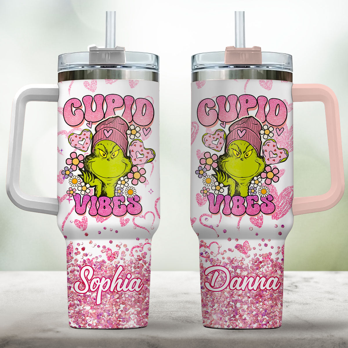 Personalized Cupid Vibes Tumbler with Handle for Christmas Gift Tumbler With Handle GradoCreations