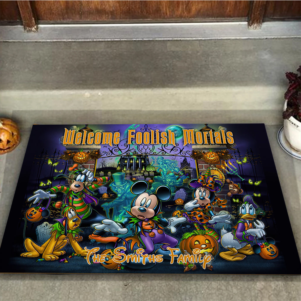 Personalized Welcome Foolish Mortals Doormat for Halloween Housewarming Doormat GradoCreations