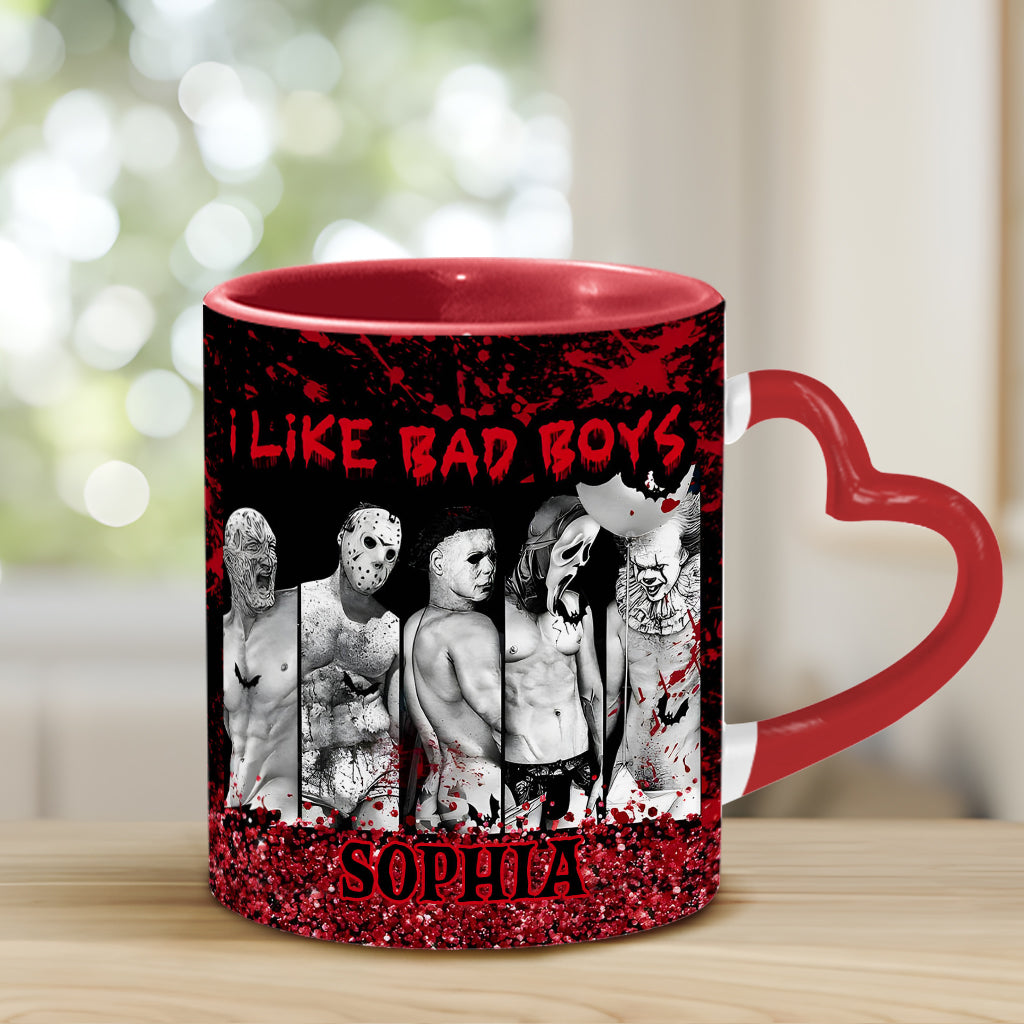 Personalized Heart Handle Mug with 'I Like Bad Boys' Design for Friends Heart Handle Mug GradoCreations