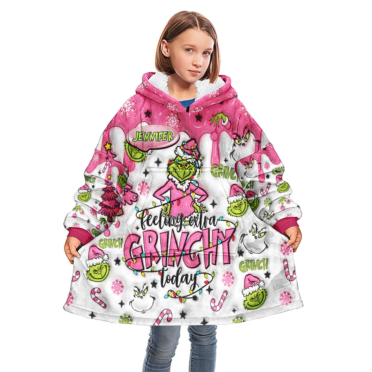 Personalized Grinchy Blanket Hoodie Custom Name Gift for Kids Blanket Hoodie GradoCreations