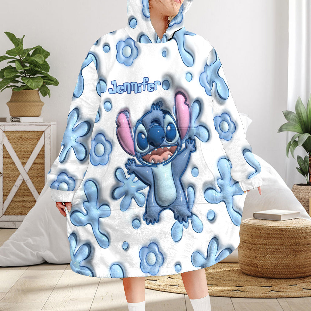 Personalized Blanket Hoodie with Custom Name and Stitch Design Blanket Hoodie GradoCreations