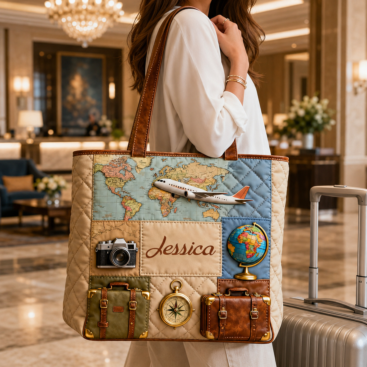 Personalized Quilted Tote Bag Travel Map and Airplane Gift for Travelers