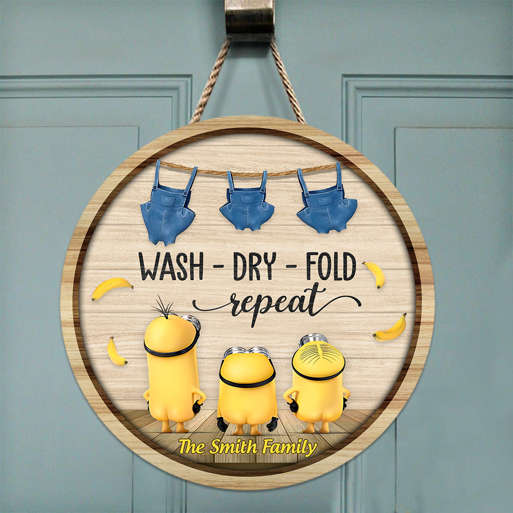 Personalized Round Wood Sign Wash Dry Fold Design Gift for Family Round Wood Sign GradoCreations