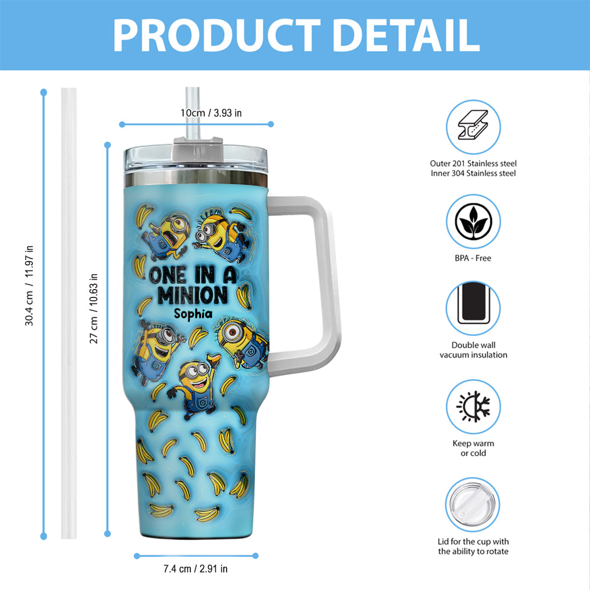Personalized Minion Tumbler with Handle - Custom Name Gift Tumbler With Handle GradoCreations