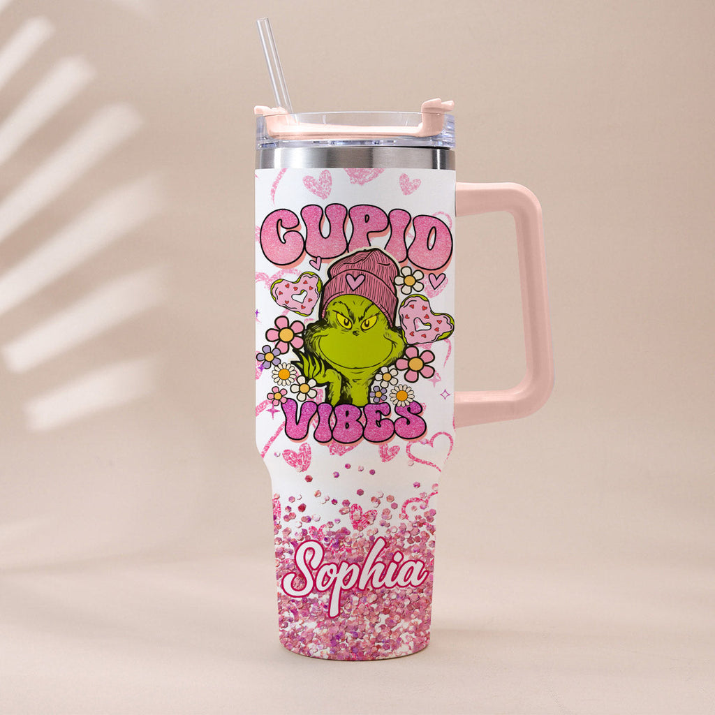 Personalized Cupid Vibes Tumbler with Handle for Christmas Gift Tumbler With Handle GradoCreations