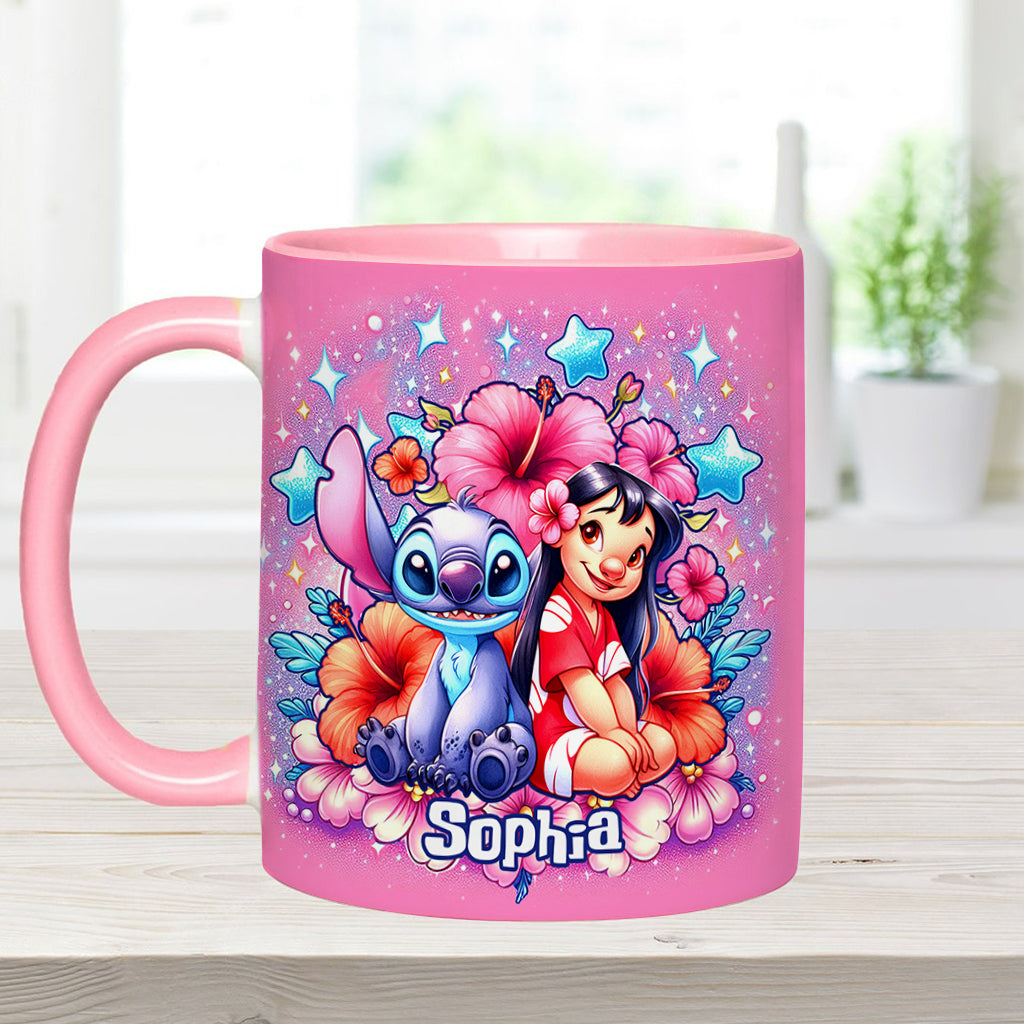 Personalized Pink Accent Mug with Ohana Bubble Flowers Design Accent Mug GradoCreations