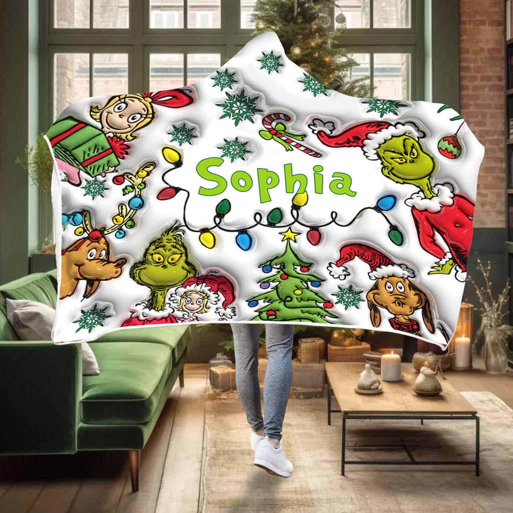Personalized Christmas Hooded Blanket with Grinch & Friends Gift for Kids Hooded Blanket GradoCreations