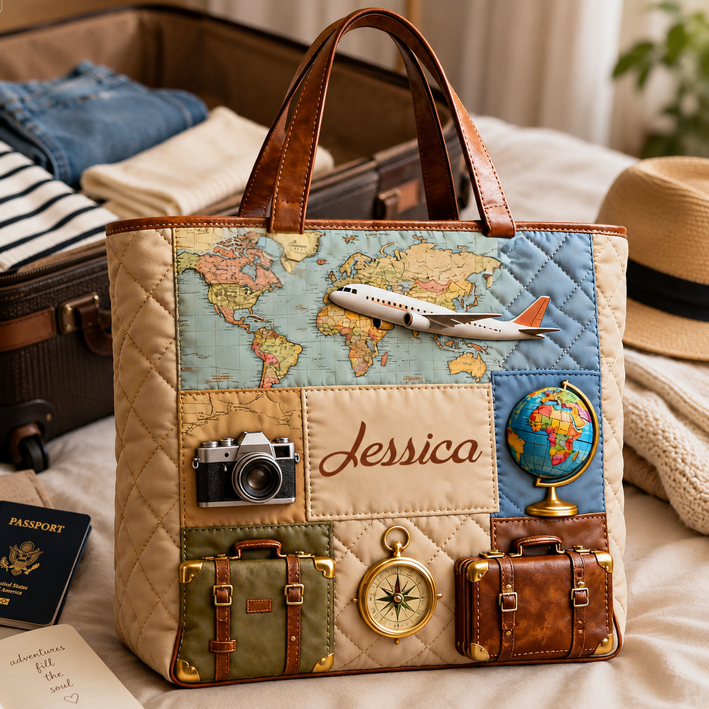 Personalized Quilted Tote Bag Travel Map and Airplane Gift for Travelers