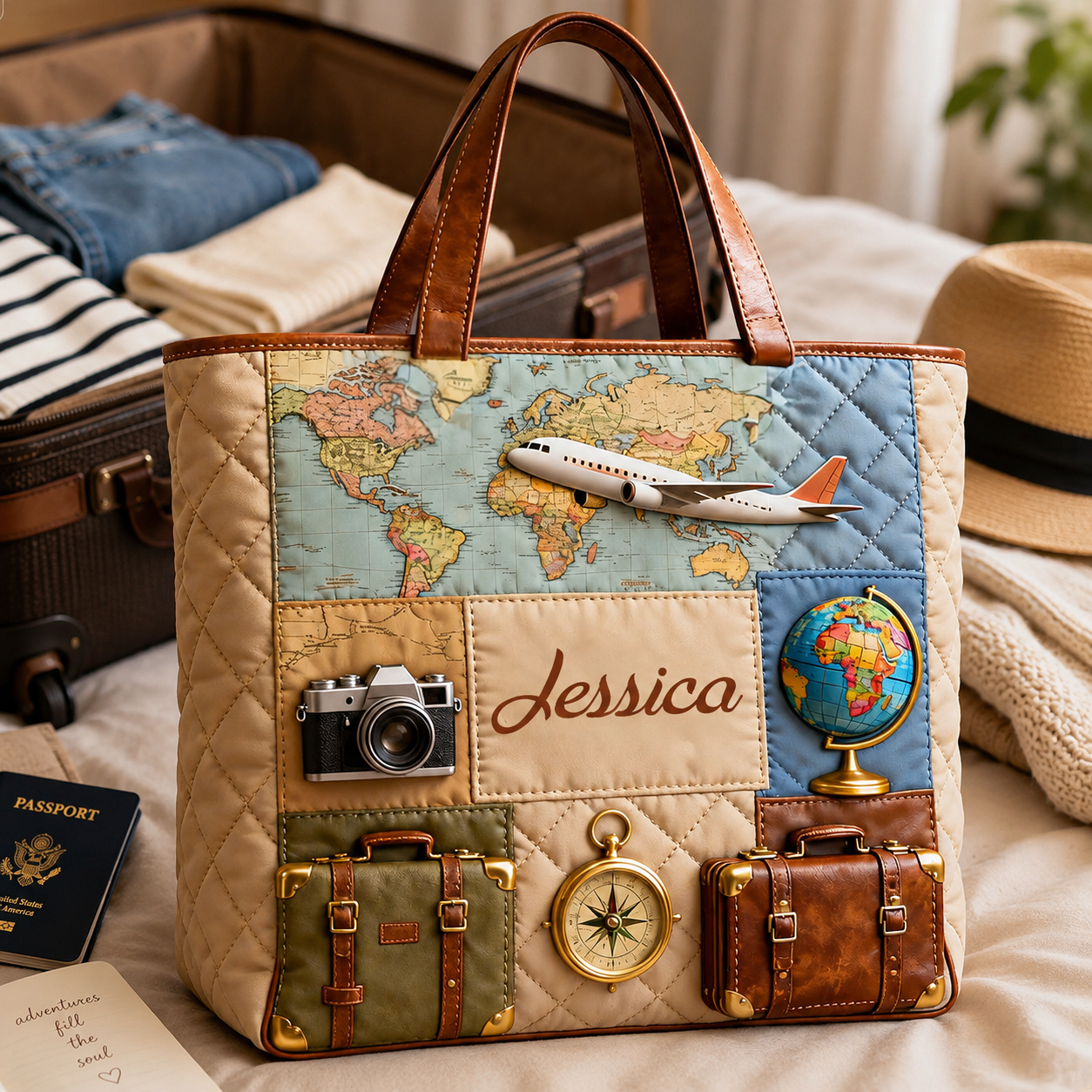 Personalized Quilted Tote Bag Travel Map and Airplane Gift for Travelers
