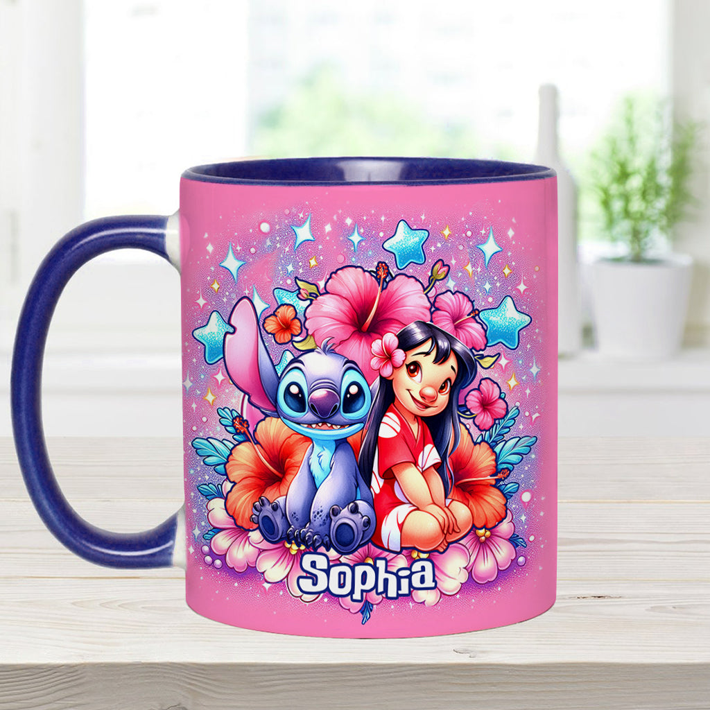 Personalized Pink Accent Mug with Ohana Bubble Flowers Design Accent Mug GradoCreations