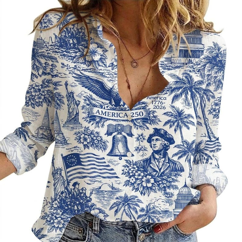 Personalized Toile De Jouy Style Blouse Patriotic Gift for Her - USA 250th Anniversary HN590 - Blouse Shirt GradoCreations