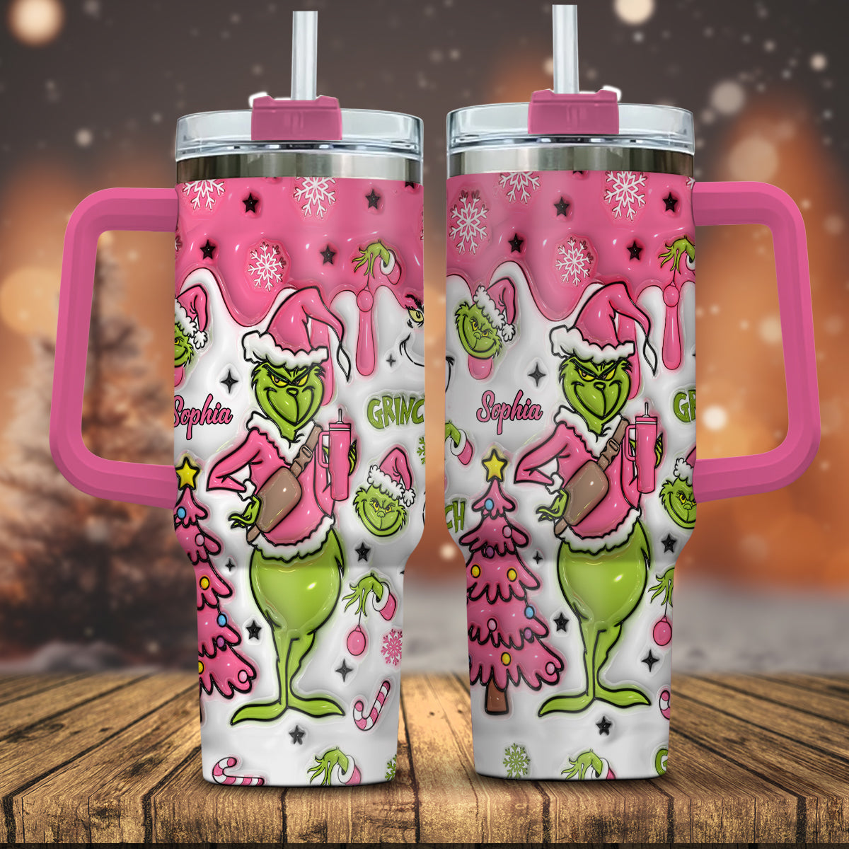 Personalized Grinch Christmas Tumbler with Handle Custom Name Gift Tumbler With Handle GradoCreations