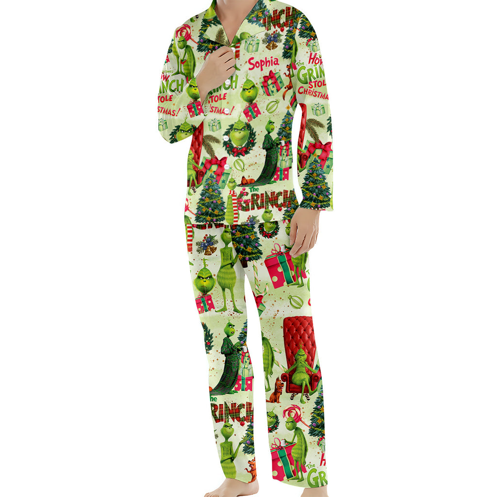 Personalized Grinch Christmas Button Down Pajamas for Couples Button Down Pajamas GradoCreations