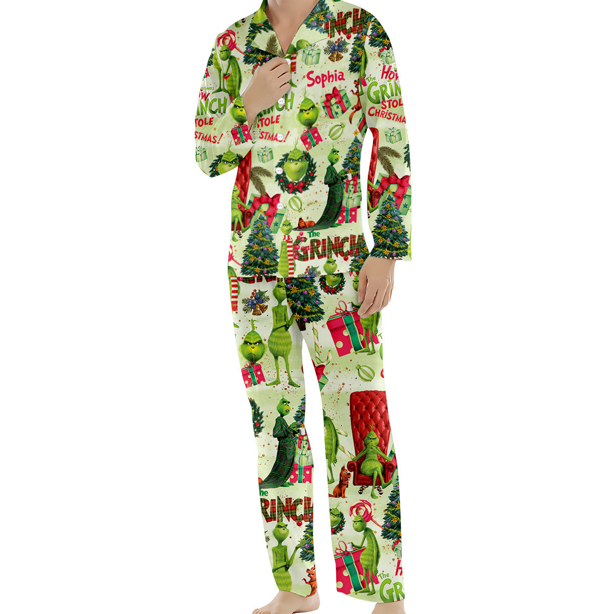 Personalized Grinch Christmas Button Down Pajamas for Couples Button Down Pajamas GradoCreations