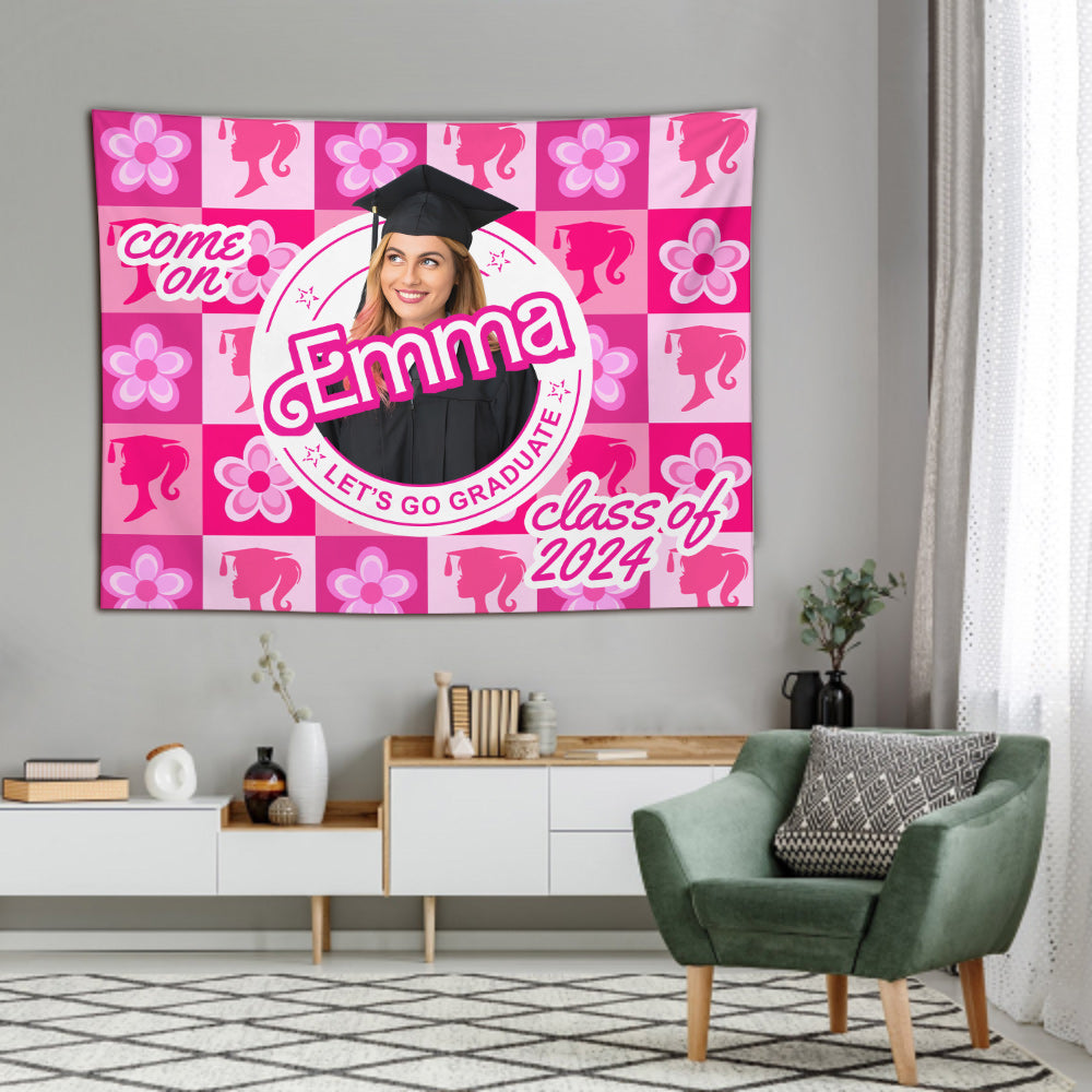 Personalized Pink Graduation Wall Tapestry with Custom Name and Photo for Girls Wall Tapestry GradoCreations
