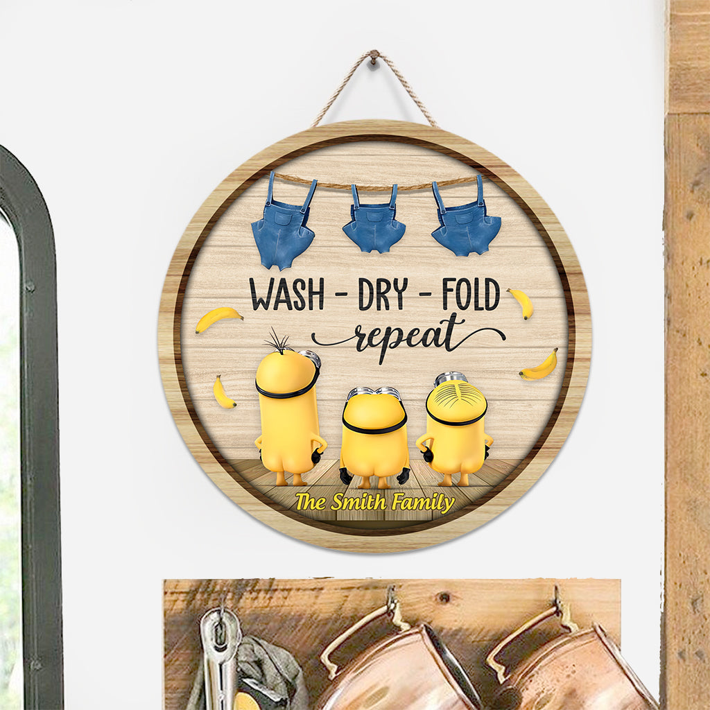 Personalized Round Wood Sign Wash Dry Fold Design Gift for Family Round Wood Sign GradoCreations