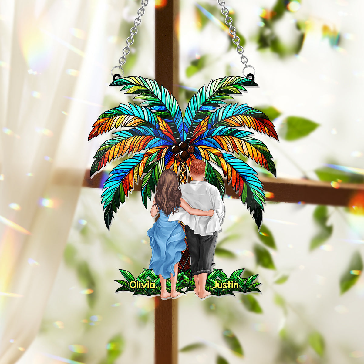 Personalized Couple Suncatcher Ornament Custom Name Gift Under Palm Tree Window Hanging Suncatcher Ornament GradoCreations