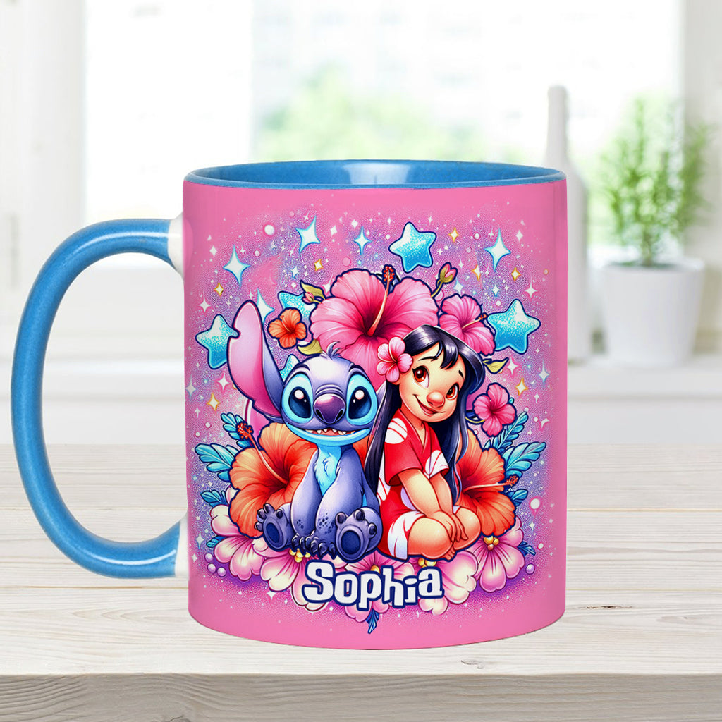 Personalized Pink Accent Mug with Ohana Bubble Flowers Design Accent Mug GradoCreations