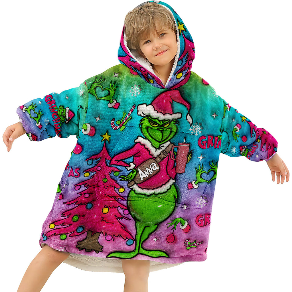 Personalized Grinch Christmas Blanket Hoodie Gift for Kids Blanket Hoodie GradoCreations