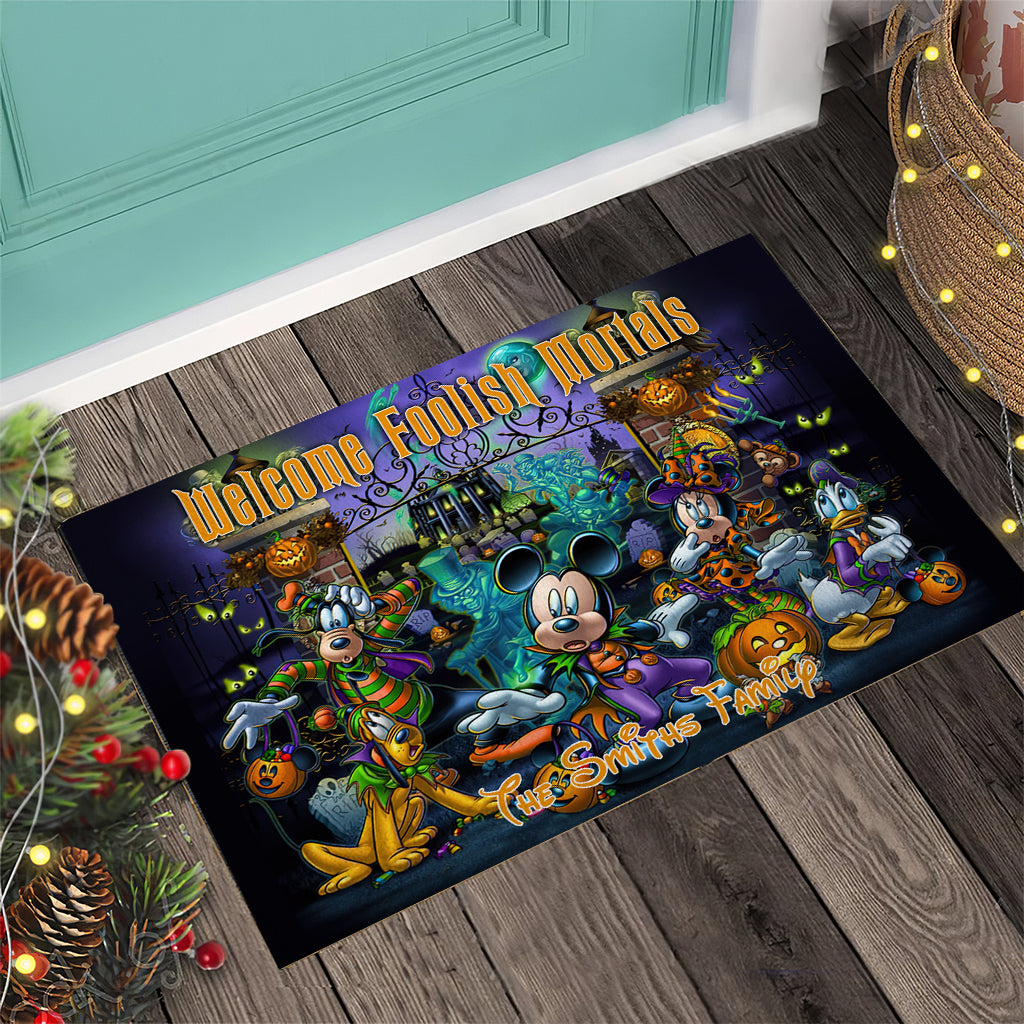 Personalized Welcome Foolish Mortals Doormat for Halloween Housewarming Doormat GradoCreations