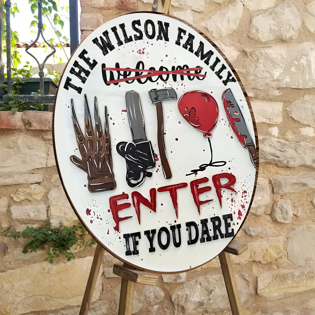 Personalized Halloween Round Wood Sign Custom Family Name Enter If You Dare Round Wood Sign GradoCreations