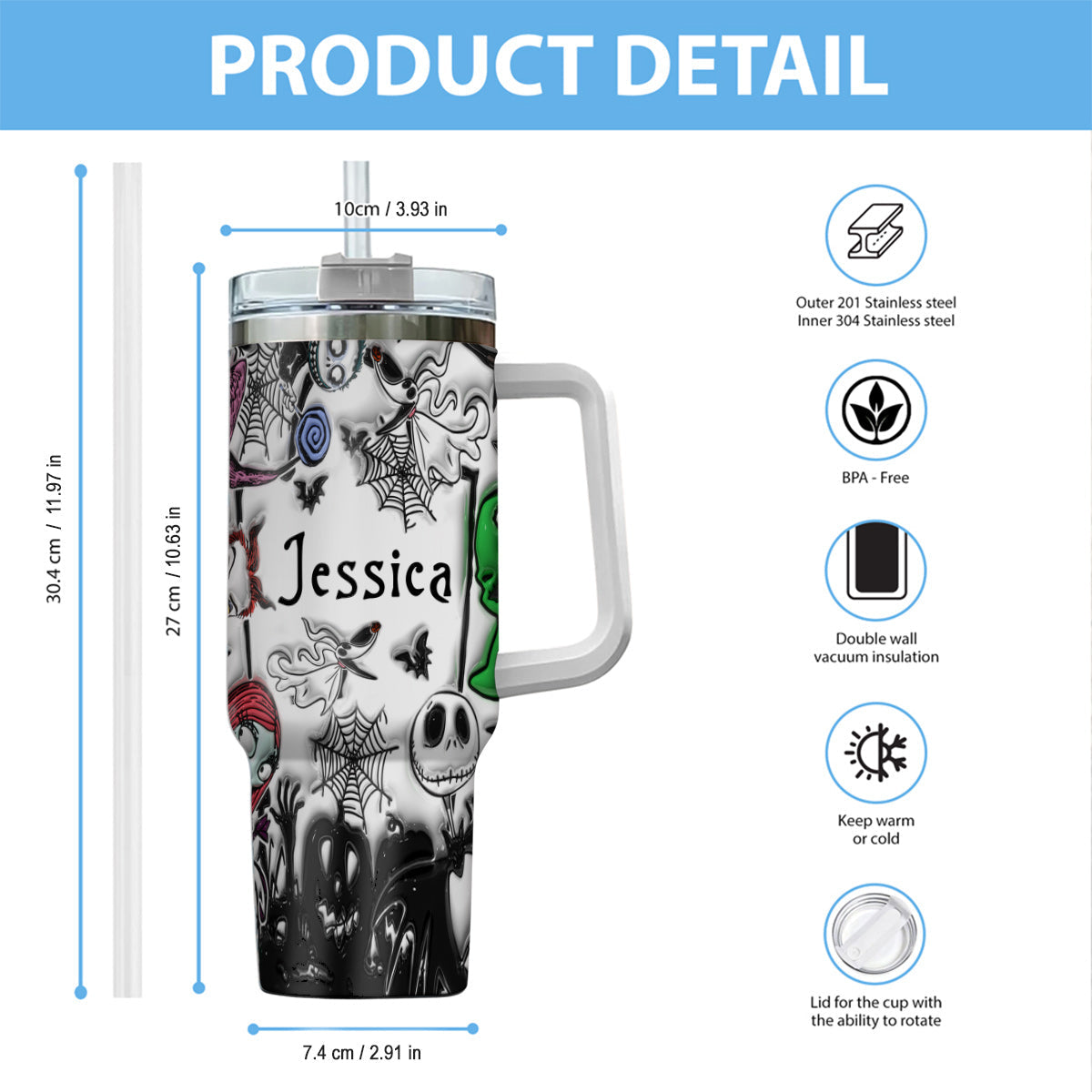 Personalized Nightmare Tumbler with Handle Custom Name Gift Tumbler With Handle GradoCreations
