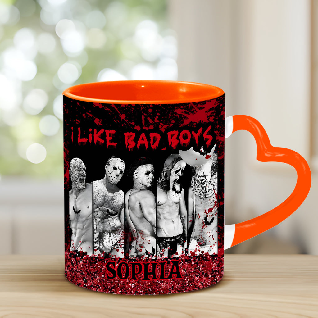 Personalized Heart Handle Mug with 'I Like Bad Boys' Design for Friends Heart Handle Mug GradoCreations