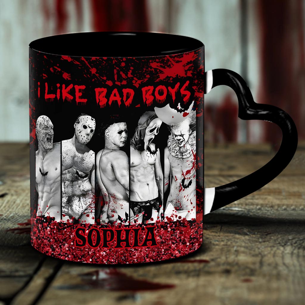 Personalized Heart Handle Mug with 'I Like Bad Boys' Design for Friends Heart Handle Mug GradoCreations